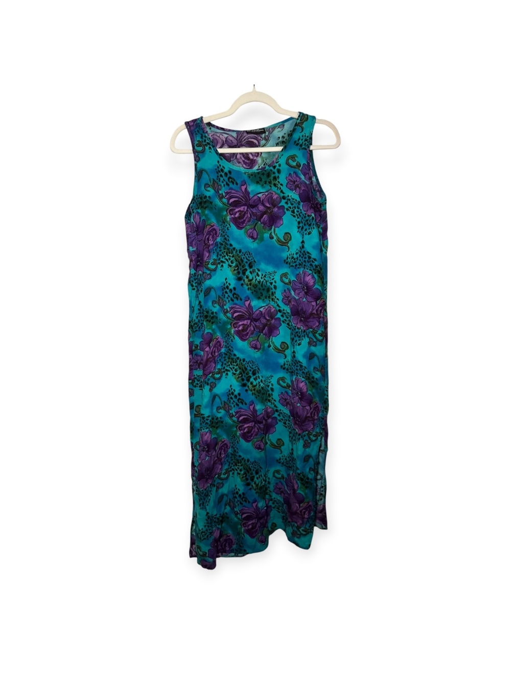 VINTAGE 90s Caribou Maxi Dress Women’s Size Small Rayon Blue Purple Floral FC
